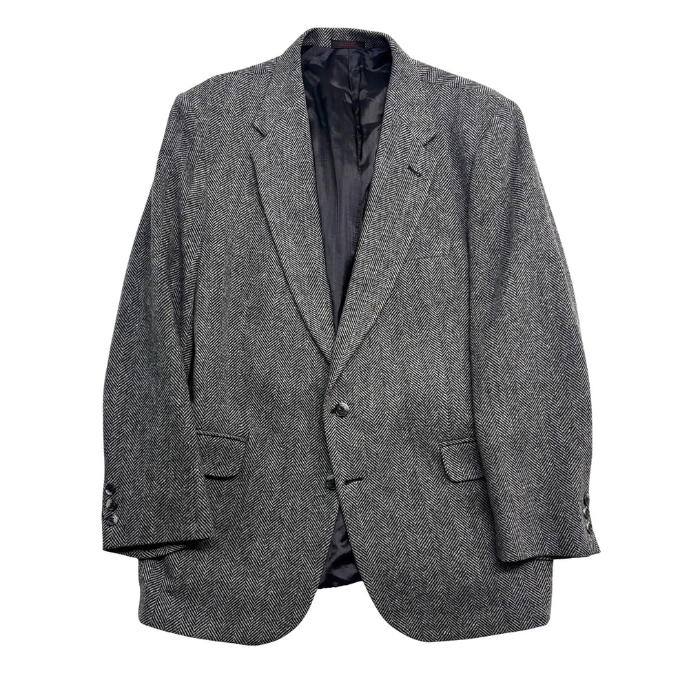 vtg Stanley Blacker 44L Gray Black Herringbone Tweed Blazer Jacket Sport Coat